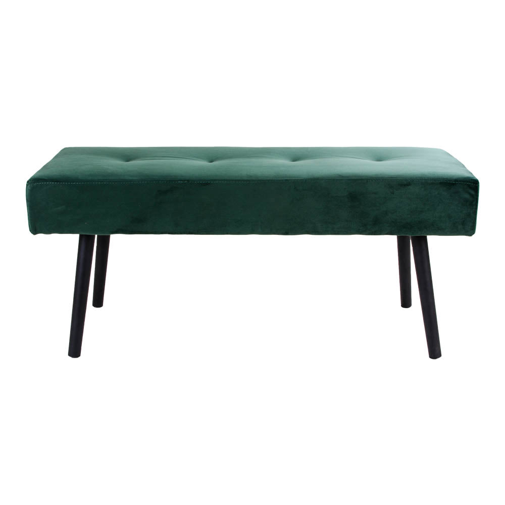 Elegante groene fluwelen bank met zwarte metalen poten, minimalistisch ontwerp en stijlvolle uitstraling.