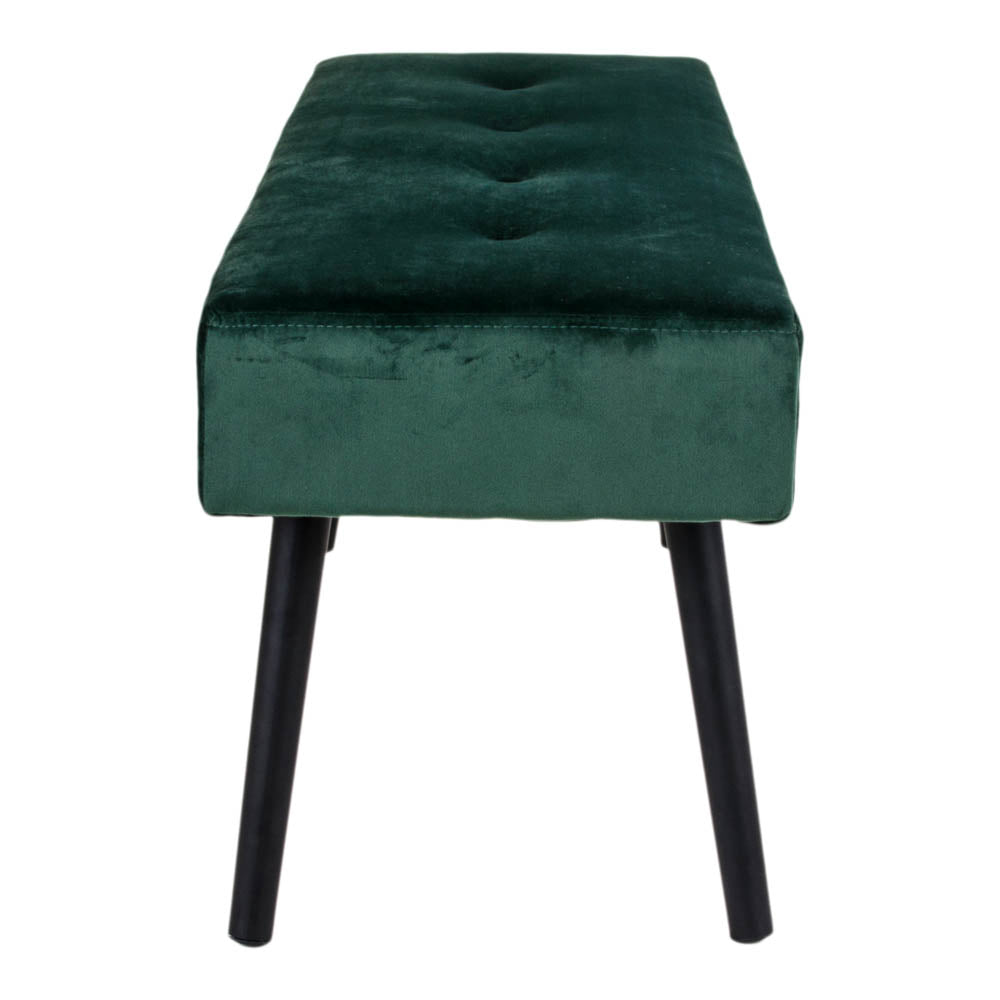 Donkergroen fluwelen bankje met vier zwarte houten poten en een luxe tufted detail in het midden.