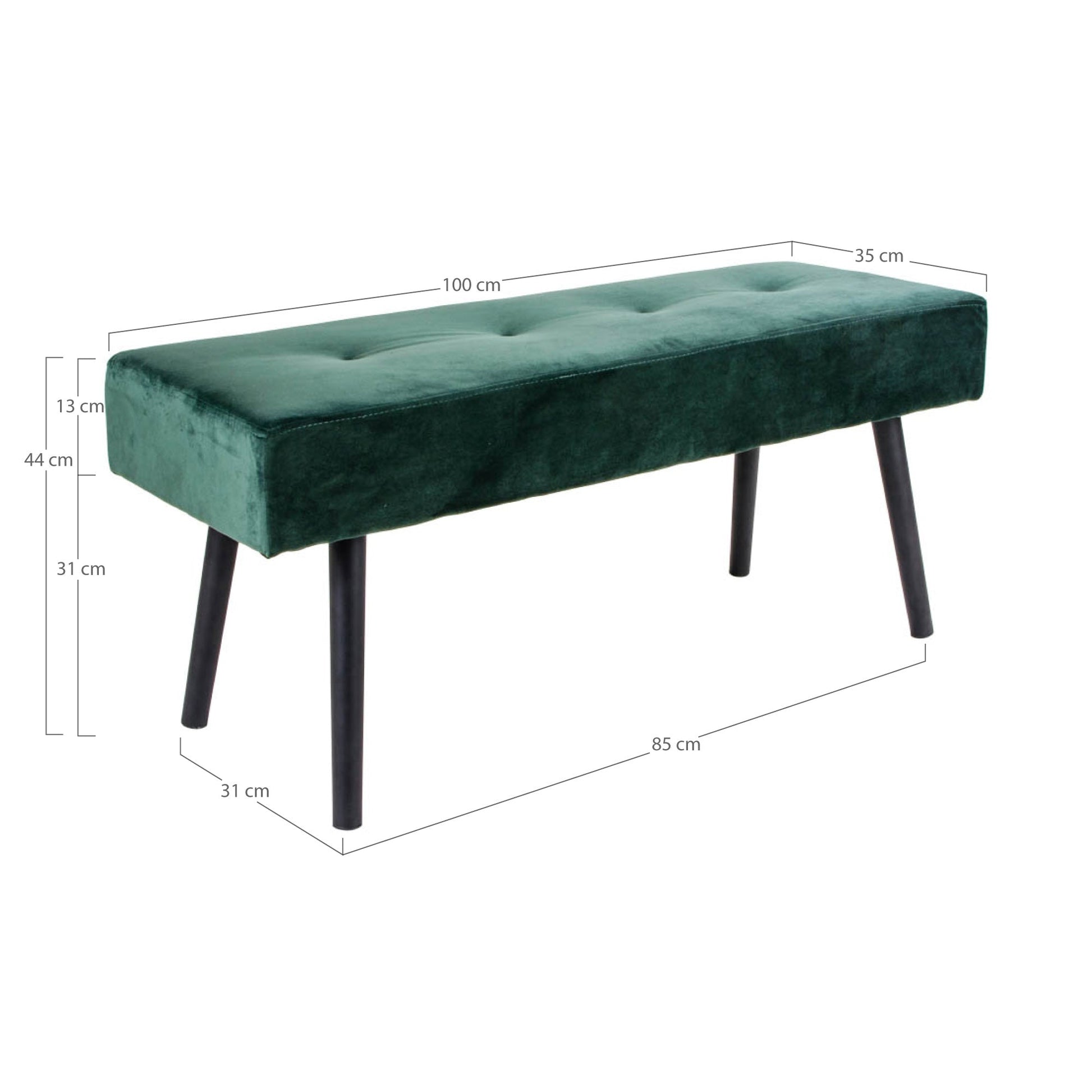 Groene fluwelen bank met zwarte houten poten, afmetingen 100x35x44 cm, met moderne en elegante uitstraling.
