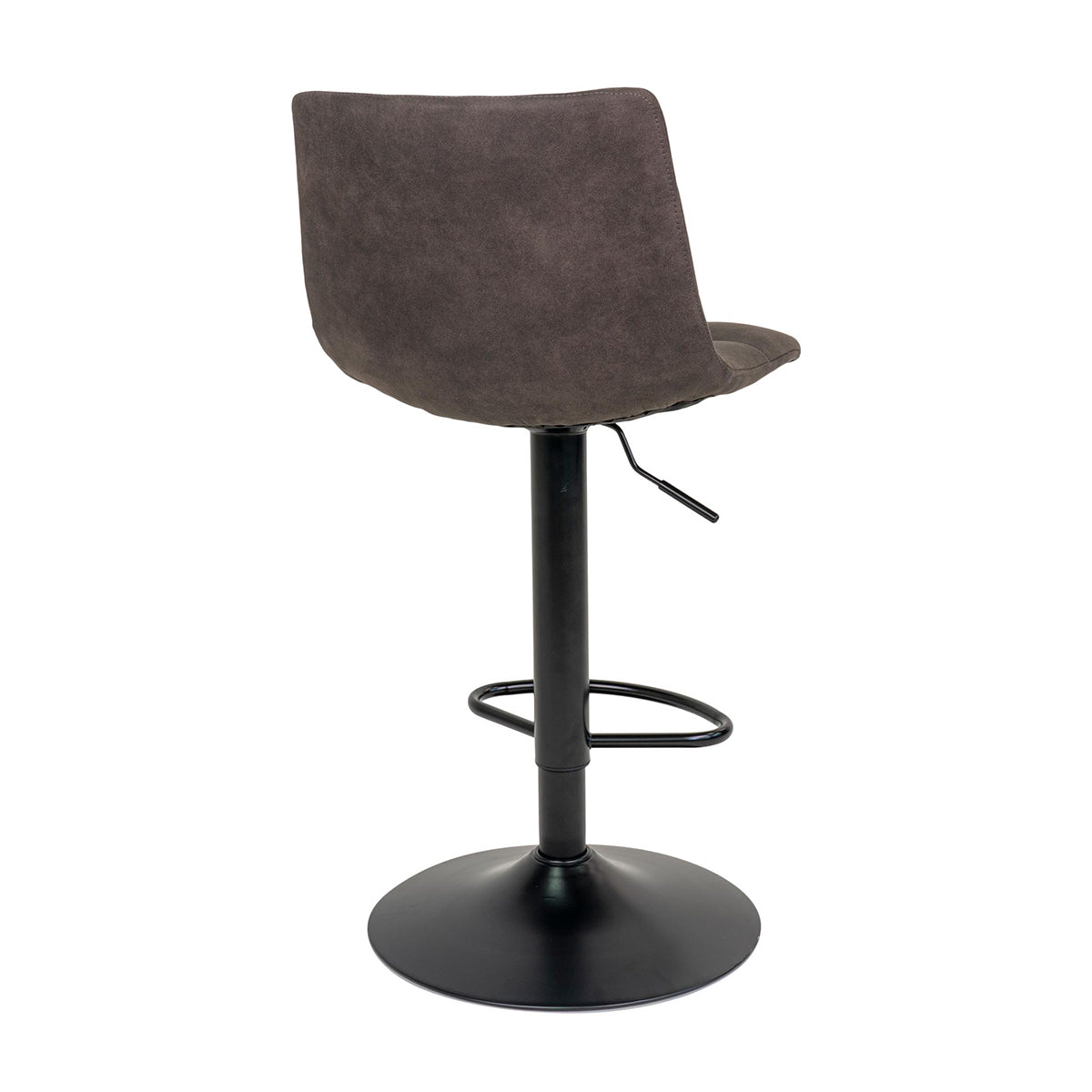 Bruine draaibare barkruk met zwart metalen voet en voetensteun, moderne en minimalistische uitstraling.