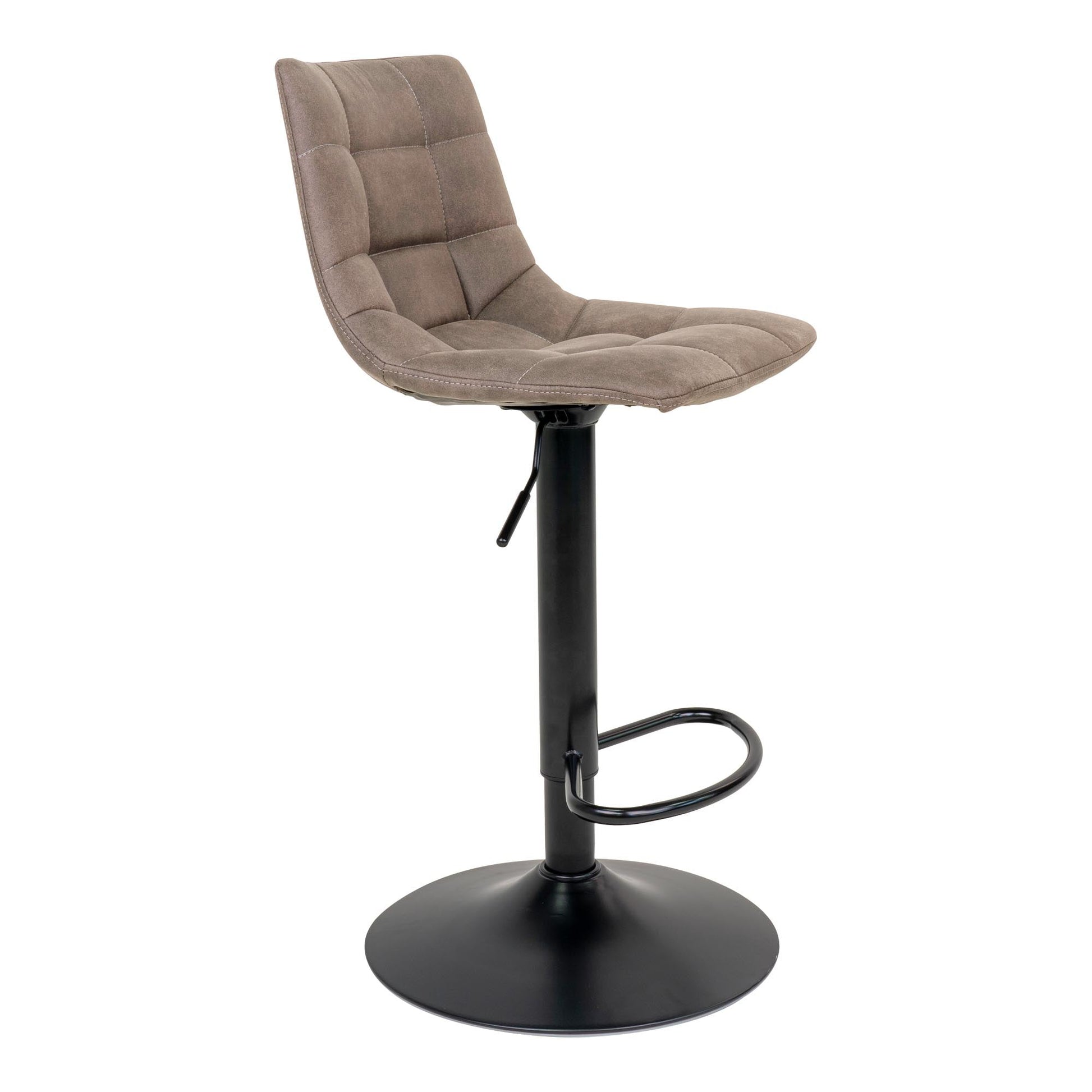 Moderne barstoel met beige fluwelen kussen en zwart metalen frame, compleet met geïntegreerde voetsteun.