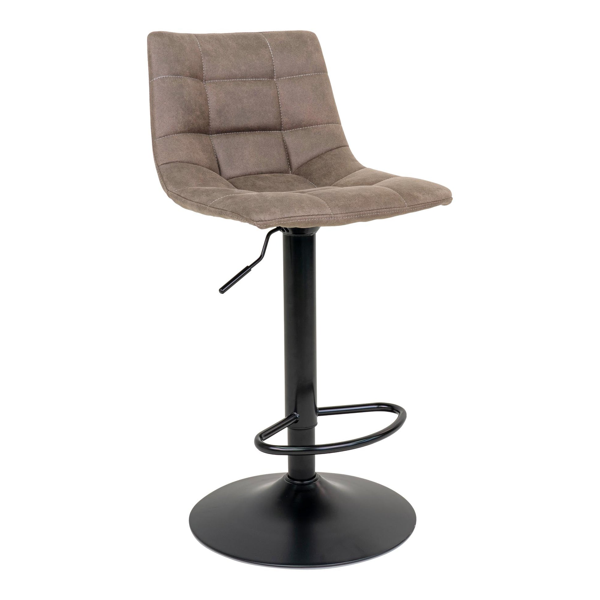 Bronskleurige barkruk met een stoffen bekleding en stoer stiksel op zwart metalen voet met voetensteun.