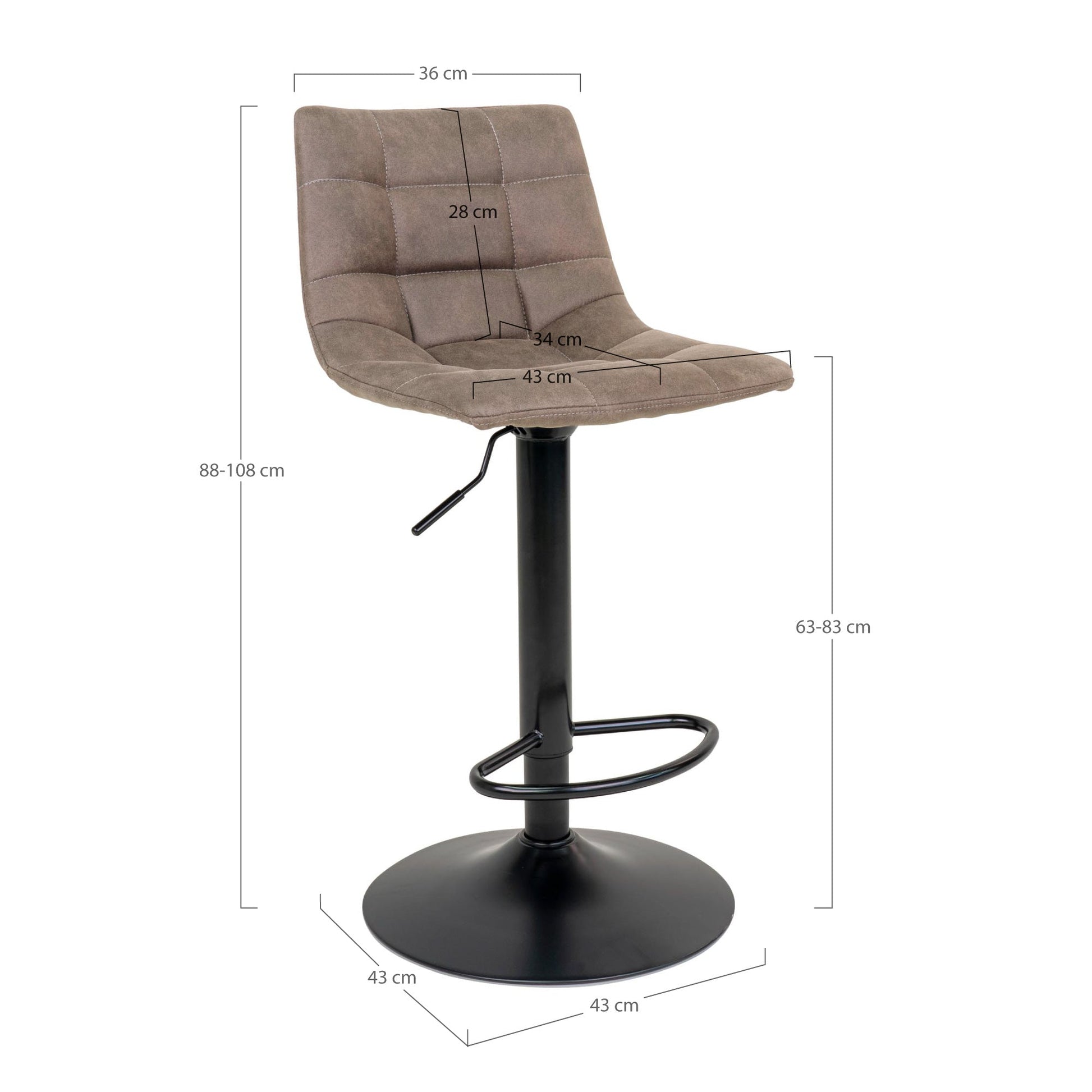 Bruine barkruk met verstelbare rugleuning en voetsteun, hoogte 88-108 cm, zitting 43 cm, metalen basis.