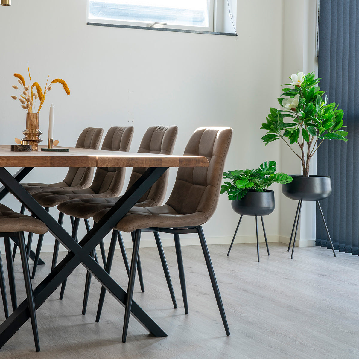 Moderne eetkamer met houten tafel, bruine stoelen, goudkleurige vaas met bloemen en planten in zwarte potten.