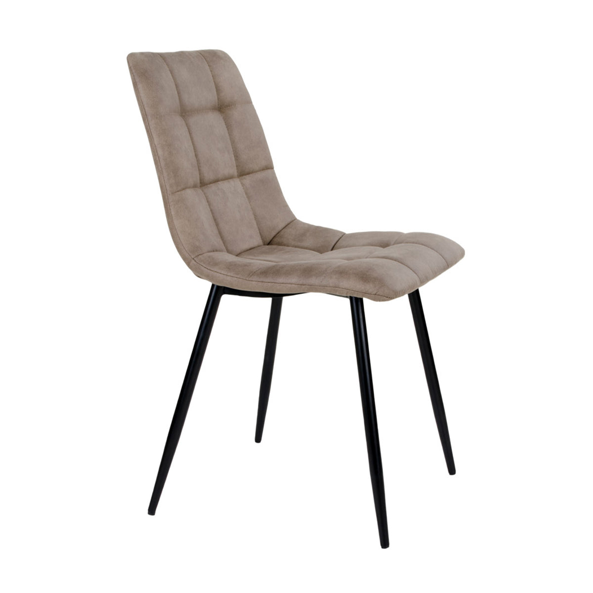 Moderne taupe stoel met gewatteerde bekleding en zwarte metalen poten, minimalistisch en stijlvol design.
