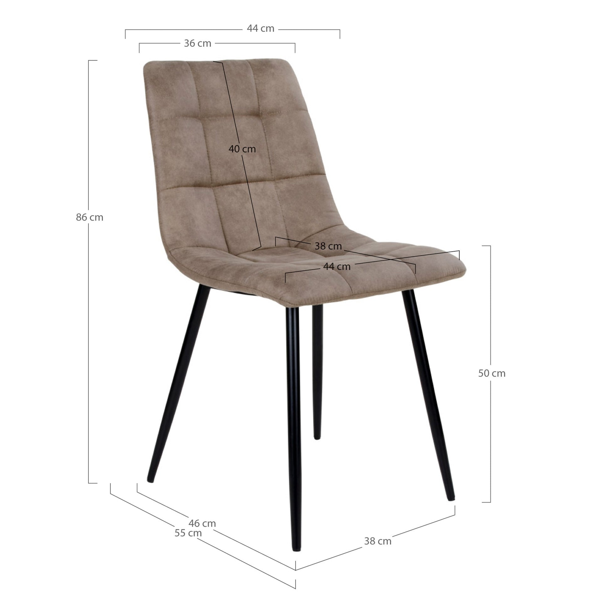 Stijlvolle beige stoel met zachte bekleding en zwarte poten, metingen zichtbaar: 86x55x50 cm (hxbxd).