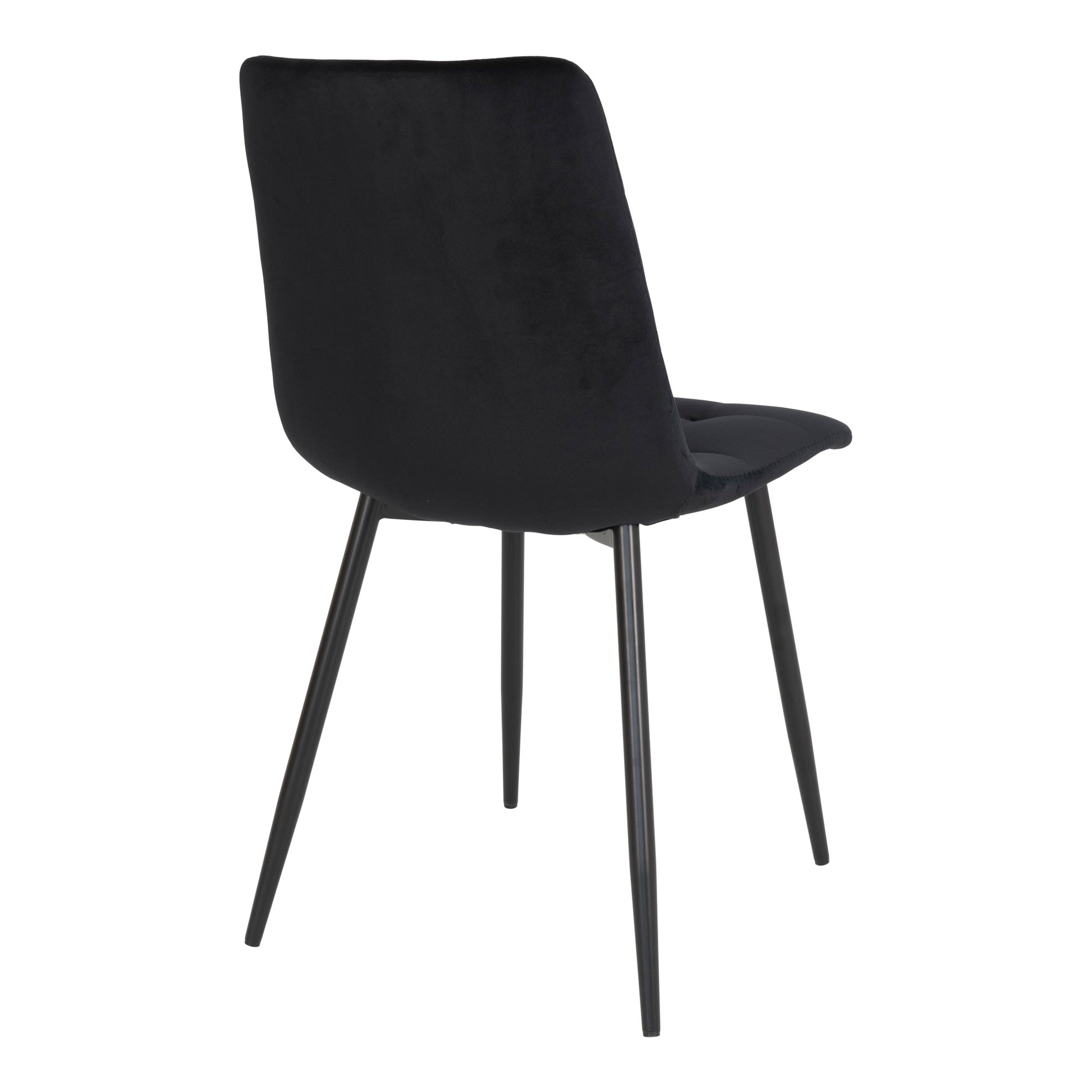 Zwarte stoffen stoel met slanke metalen poten, minimalistisch ontwerp, subtiele elegante uitstraling.