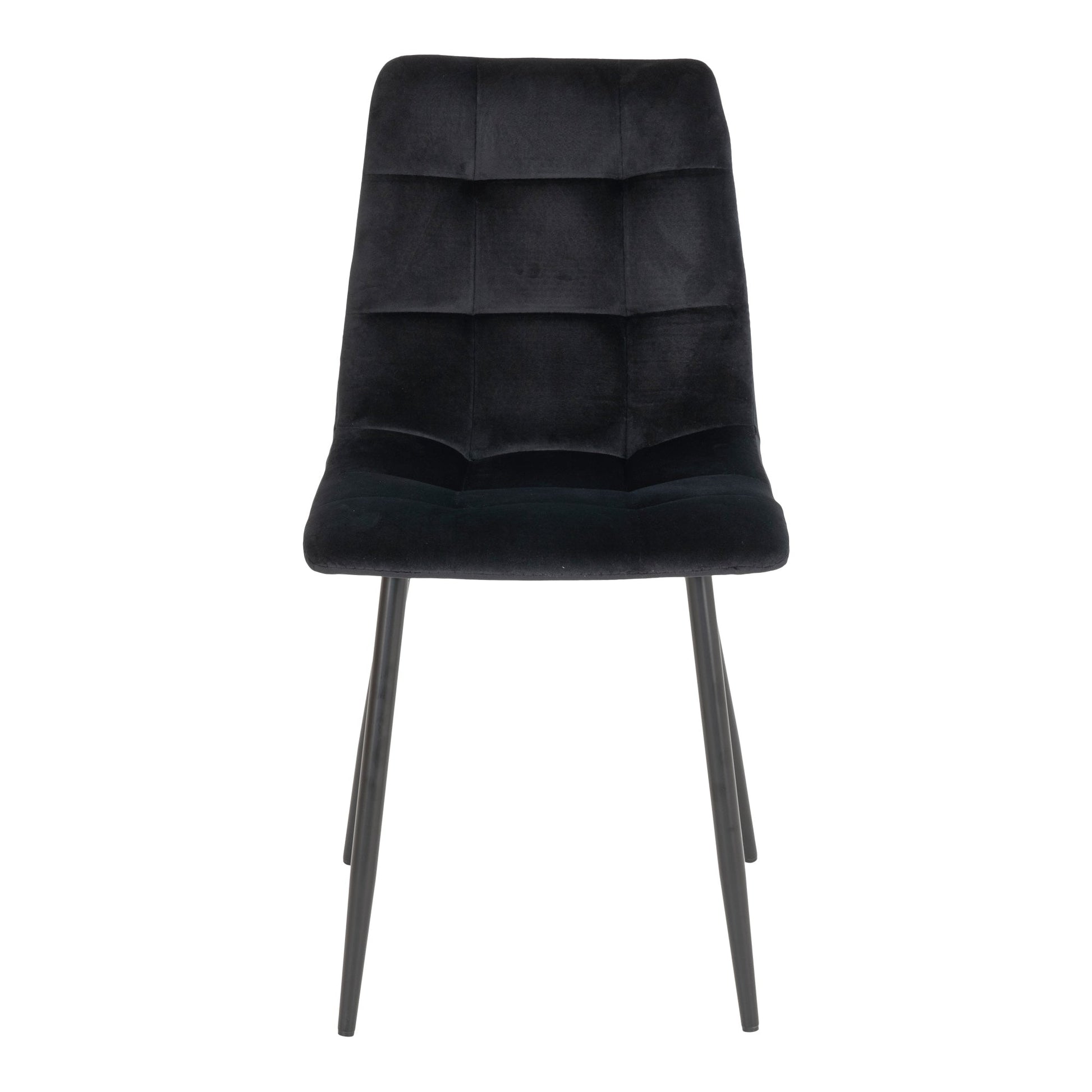 Zwarte fluwelen stoel met vierkante stiksels en slanke metalen poten, modern design.