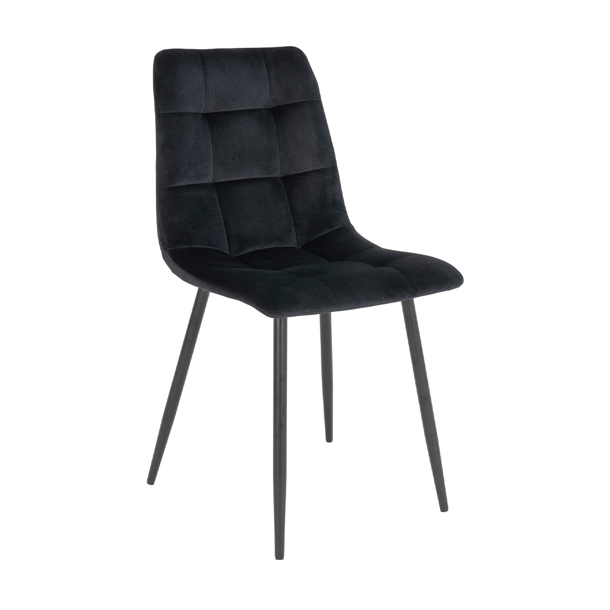Fluwelen eetkamerstoel met vierkante patronen in zwart, op slanke metalen poten, stijlvol en modern ontwerp.