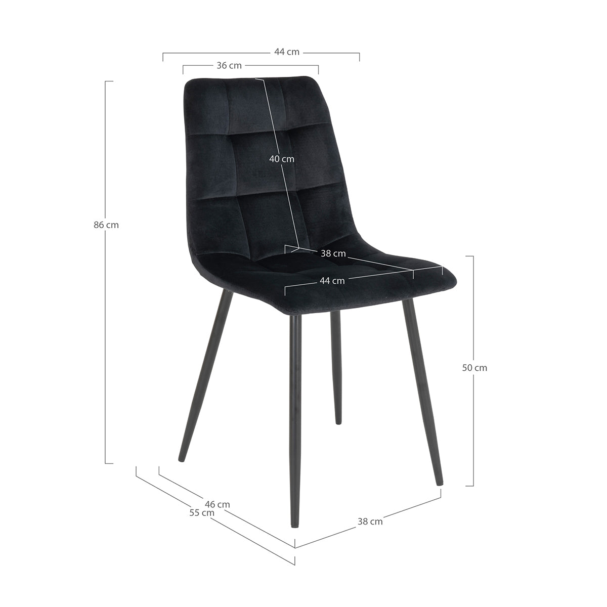 Zwarte gewatteerde stoel met metalen poten, afmetingen: 86x44x55 cm. Toon: modern en stijlvol.