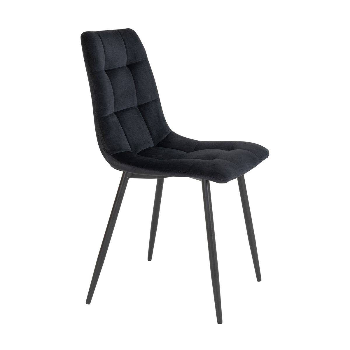 Zwarte eetkamerstoel met gewatteerde zitting en rugleuning, slanke metalen poten en een moderne uitstraling.