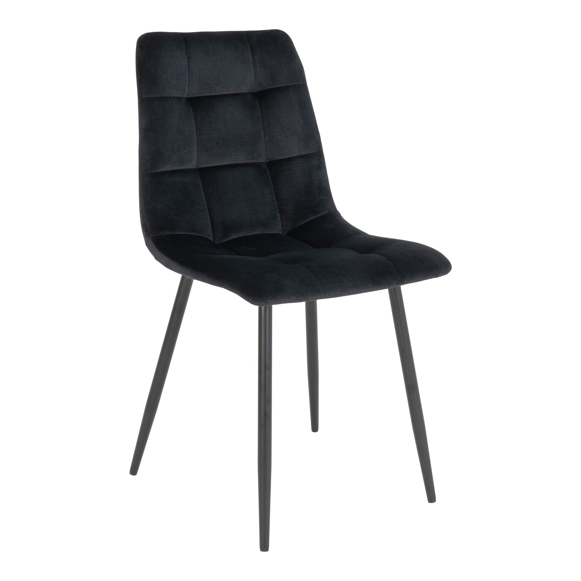Elegante zwarte fluwelen stoel met gewatteerd patroon en slanke metalen poten, moderne uitstraling.