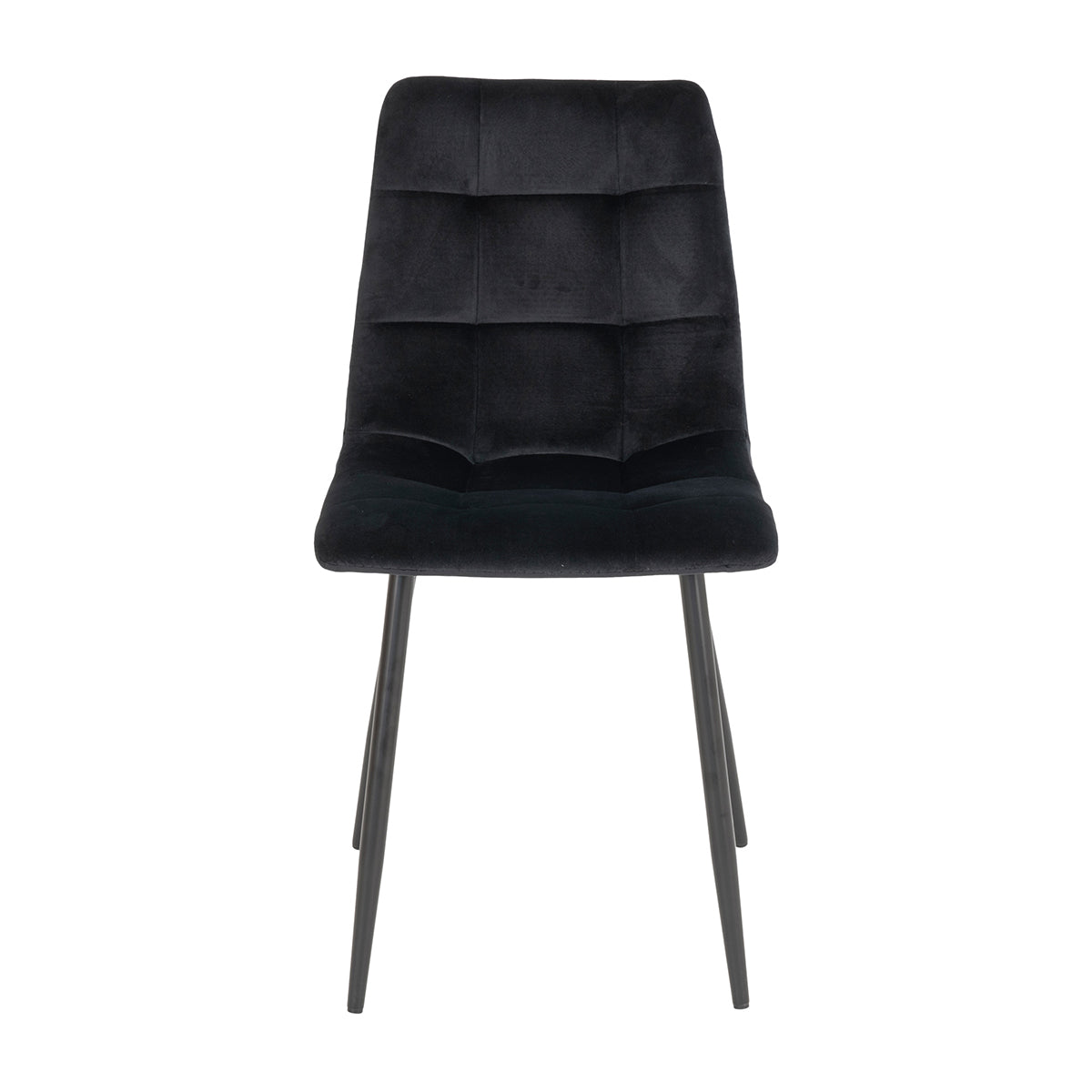 Zwarte fluwelen stoel met gewatteerde rugleuning en slanke metalen poten, moderne en elegante uitstraling.