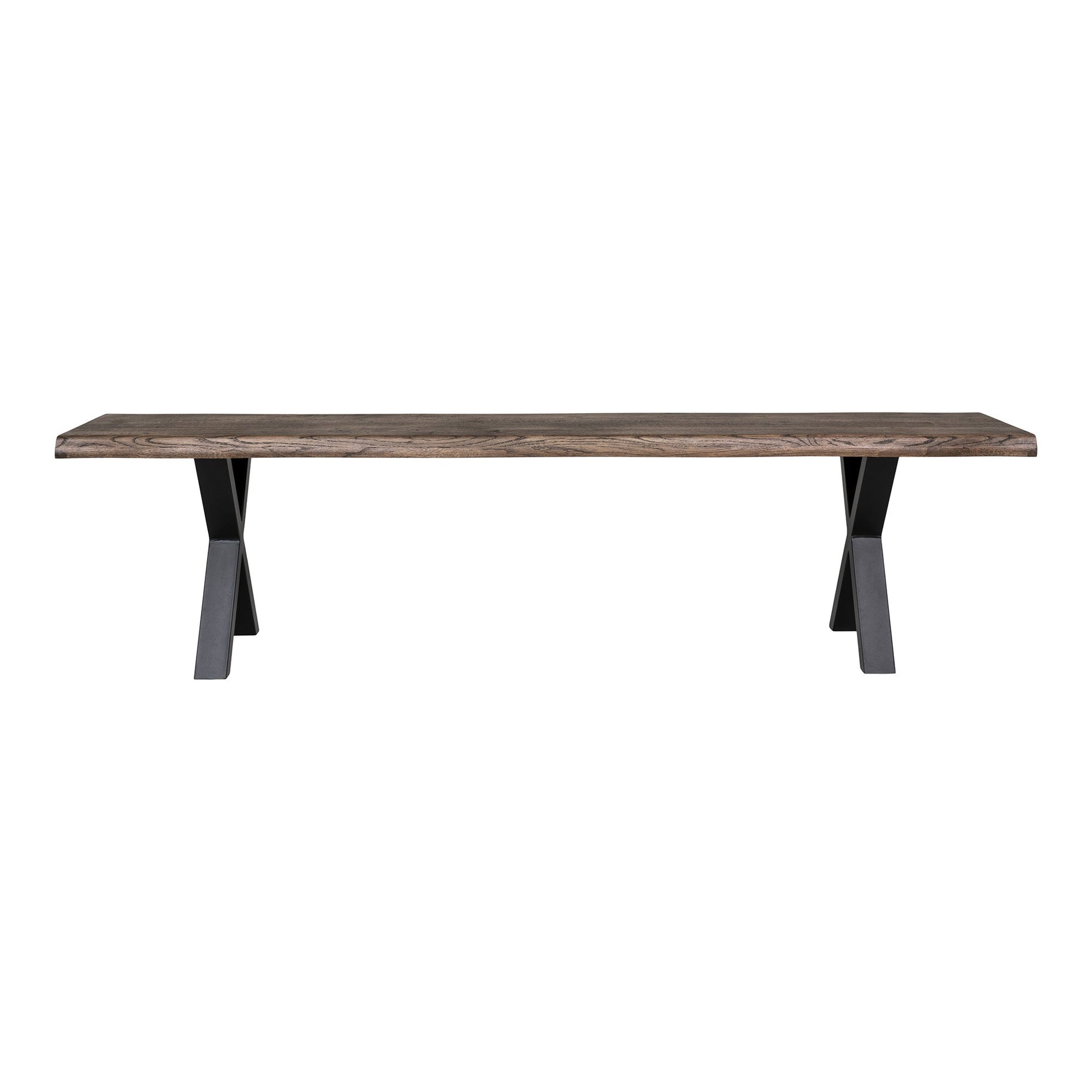 Moderne houten tafel met donkere metalen X-vormige poten, minimalistisch en strak ontwerp.