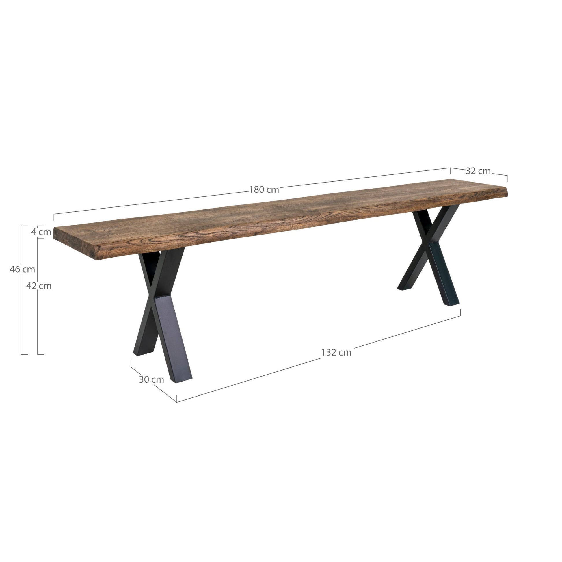 Houten bank met zwart X-frame, afmetingen: 180x32x46 cm. Robuuste en moderne uitstraling met natuurlijke houtnerf.