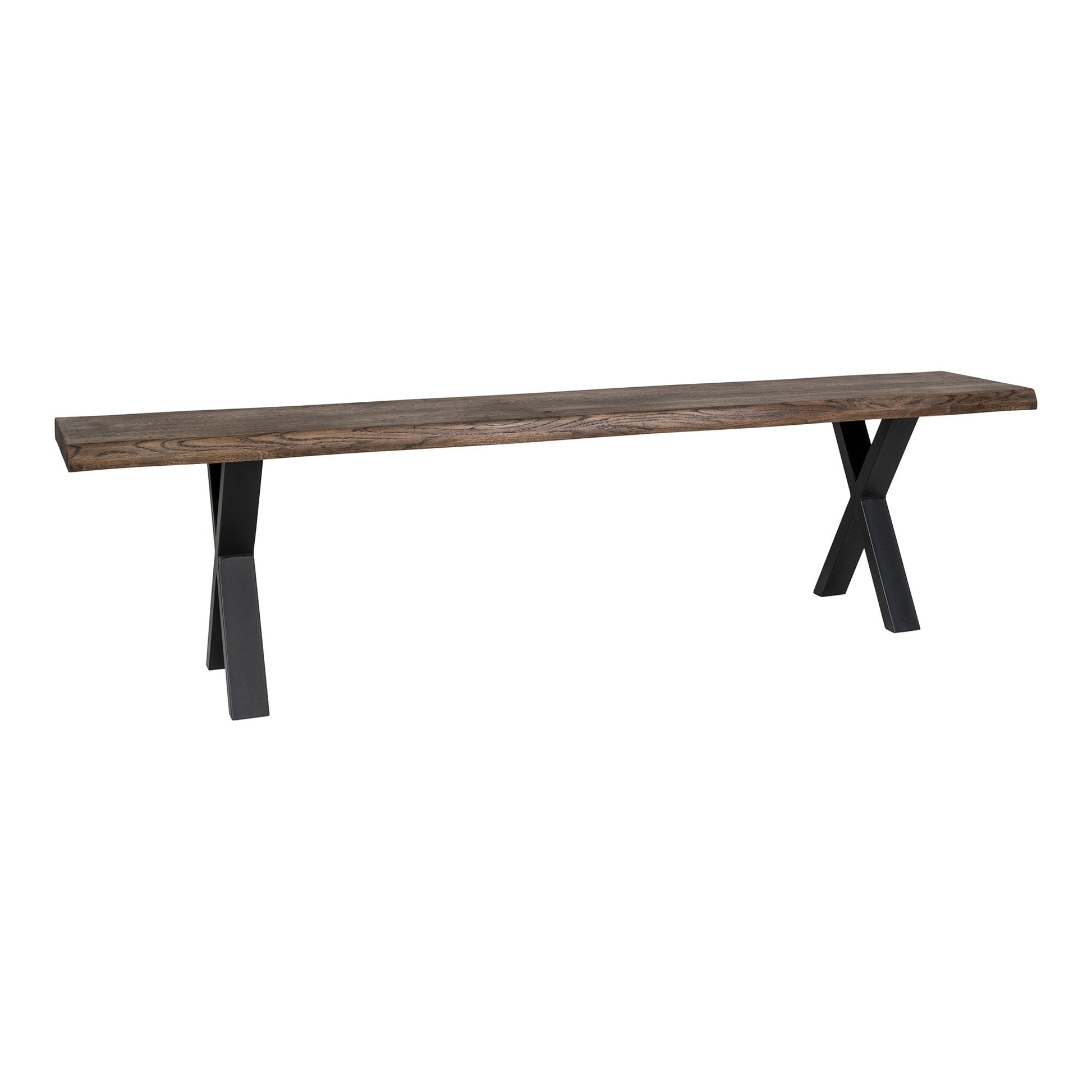 Houten bank met donkerbruin blad en zwarte X-vormige metalen poten, minimalistisch en modern ontwerp.