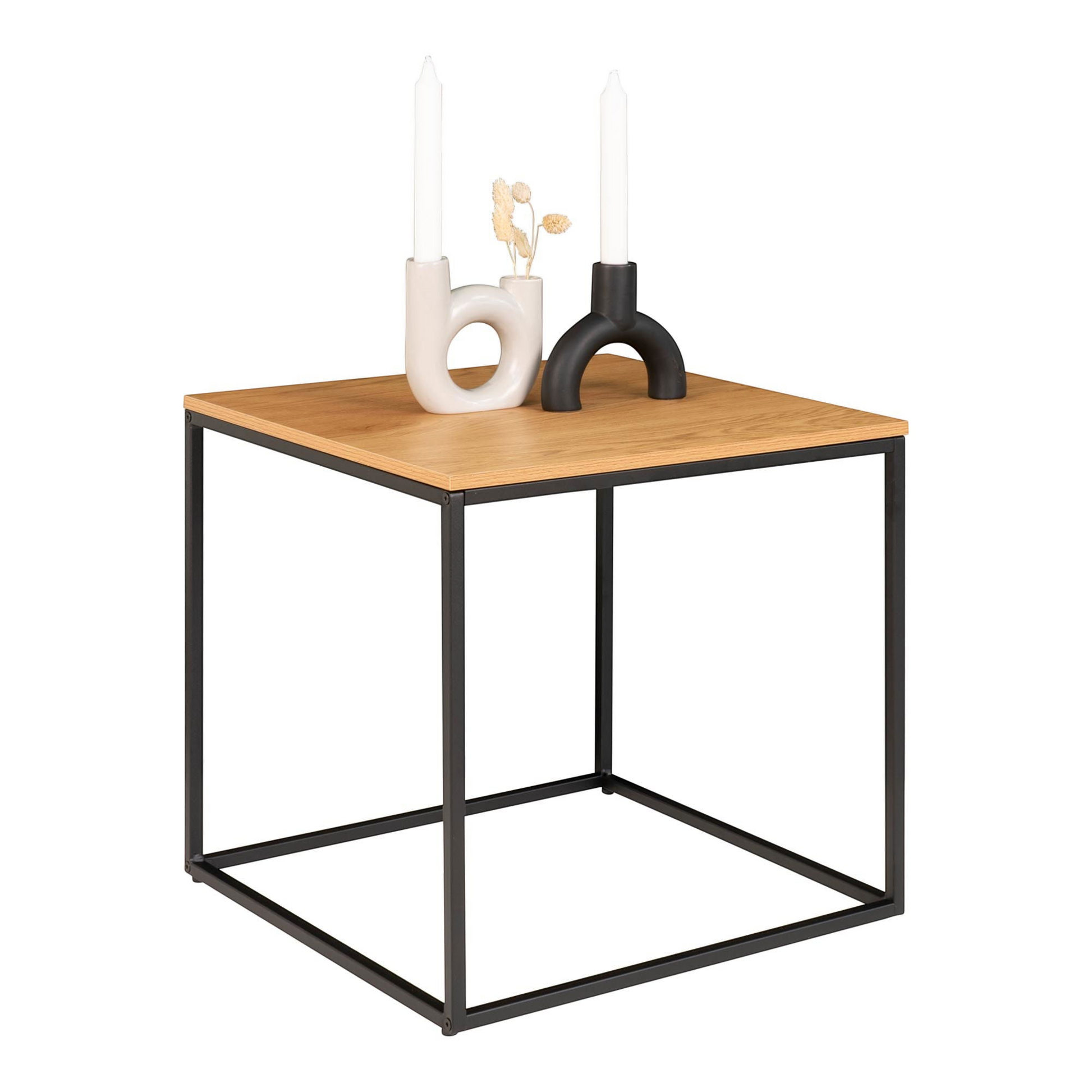 House Nordic Vita bijzettafel met warm bruin eikenlook tafelblad en slank zwart metalen frame als Scandinavisch design.