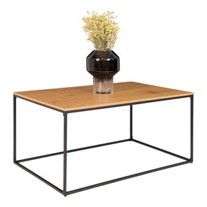 House Nordic Vita rechthoekige salontafel 90x60 cm met warme eikenlook en zwart stalen frame, met smoke vaas en bloemen