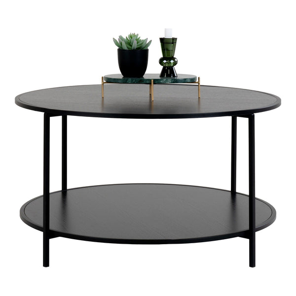 House Nordic Vita Salontafel - zwarte ronde salontafel Ø80 cm met slank metalen onderstel en extra plank