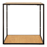 Frontaal open matzwart stalen frame van de House Nordic Vita wandplank met houtlook plank en ophanggaten