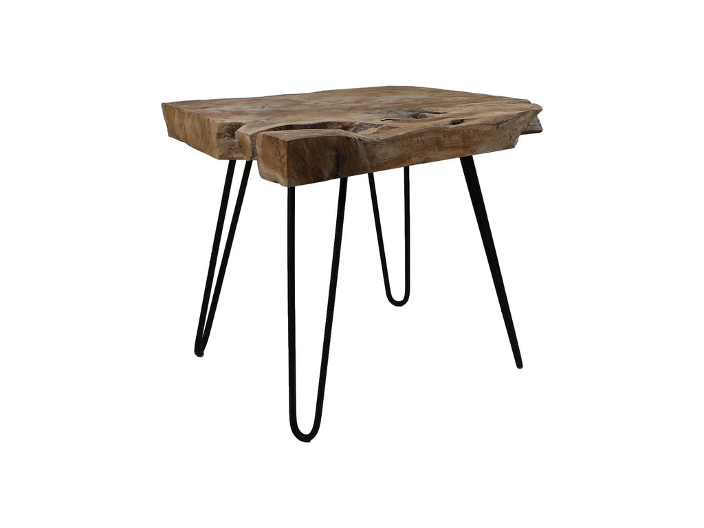 Rustieke houten tafel met een robuust tafelblad en zwarte metalen haarspeldpoten.