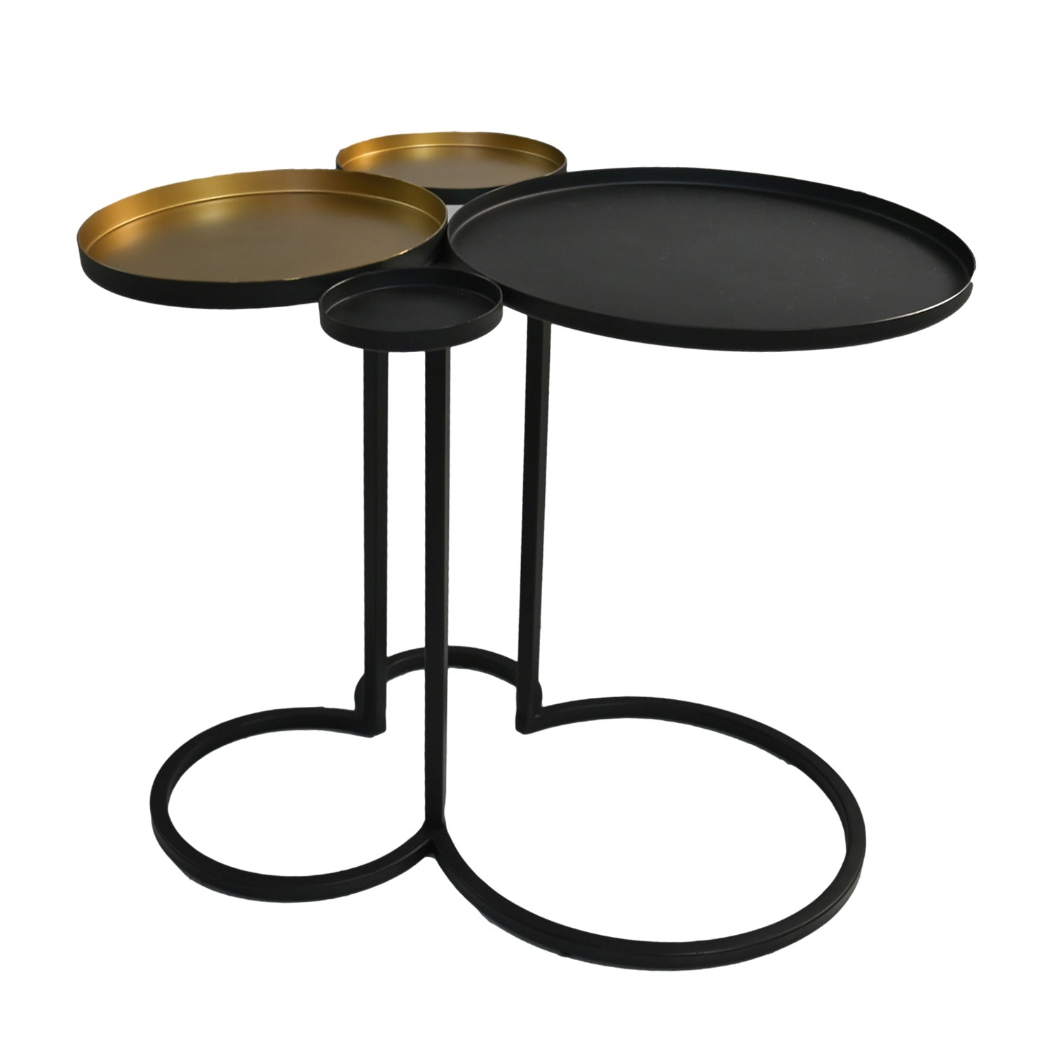 Zwarte metalen bijzettafel met vier ronde bladen in goud en zwart, modern en functioneel ontworpen.