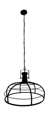 Zwarte industriële hanglamp met metalen kooi-ontwerp en kettingophanging, minimalistisch en stijlvol.