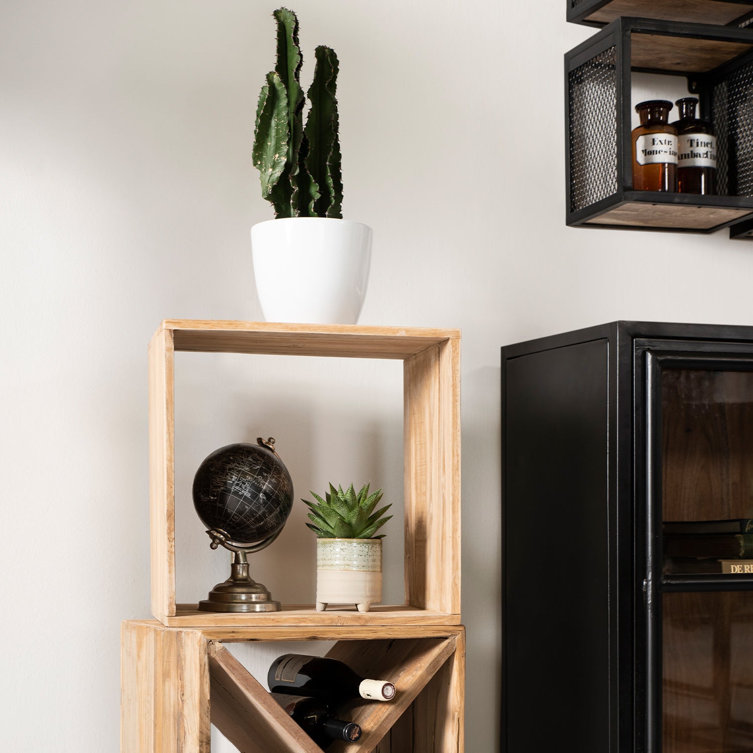 Kaktus in witte pot, wereldbol en vetplant op houten kubusplanken, met wijnflessen in de onderste plank.
