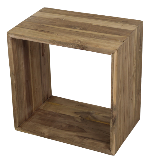 Open houten kubus met natuurlijke houtnerf, veelzijdig als bijzettafel of opbergruimte te gebruiken.