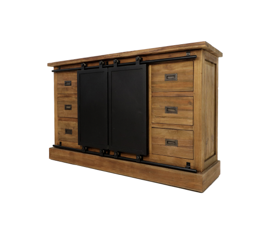 Houten dressoir met zes laden en zwarte schuifdeuren, industrieel ontwerp.