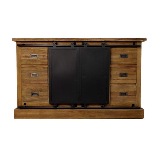 Houten dressoir met zes laden en twee zwarte schuifdeuren, robuust en industrieel ontwerp.