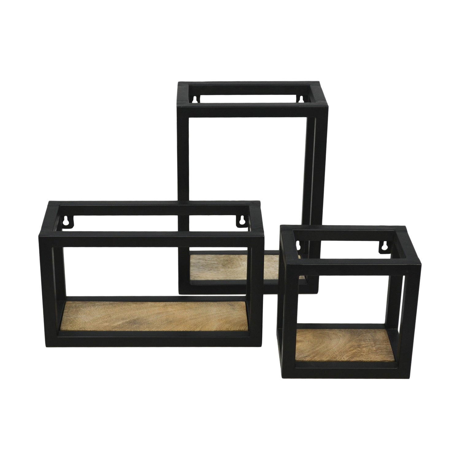 Drie zwarte metalen rechthoekige frames met houten bases, geschikt voor moderne wanddecoratie.