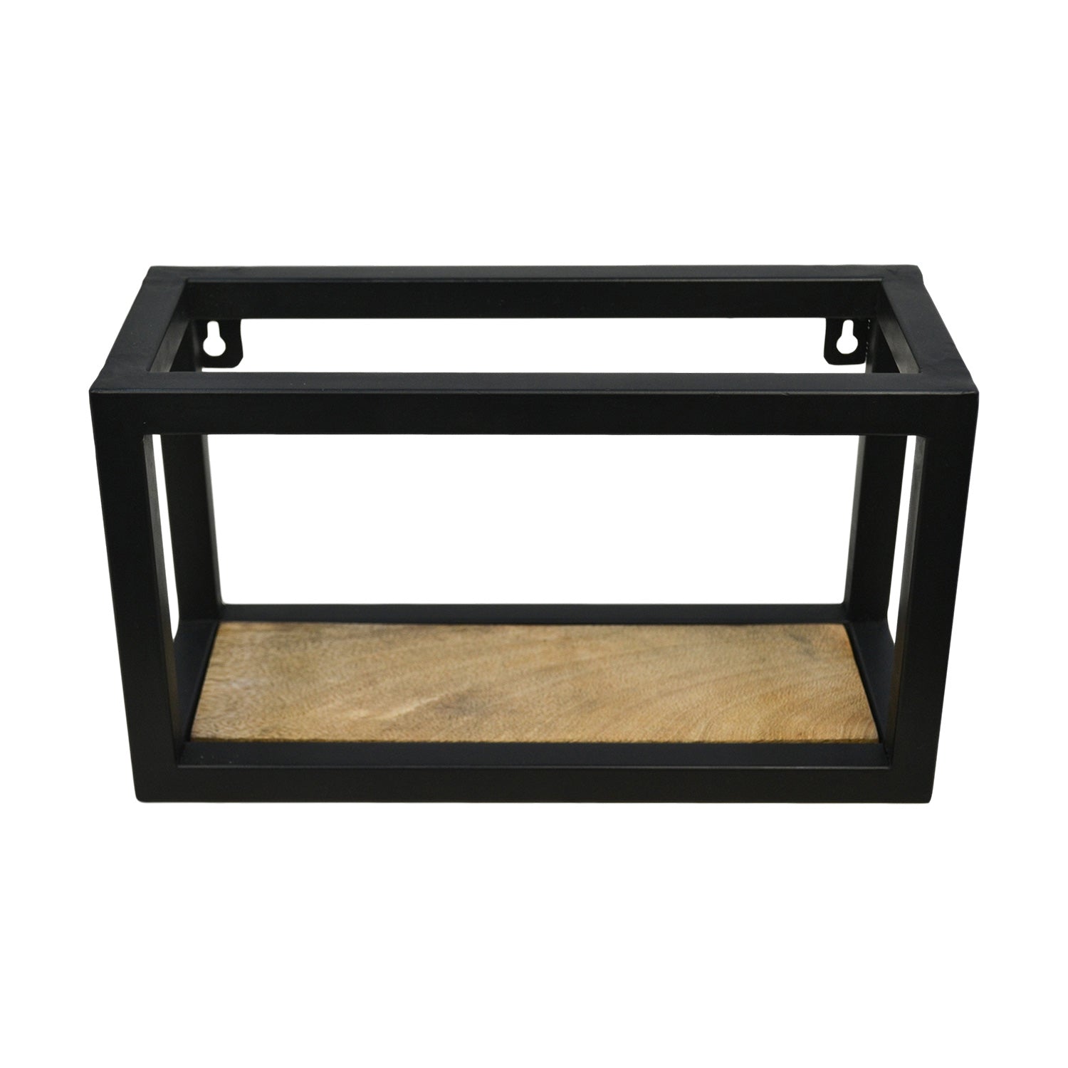 Zwart metalen wandrek met hout, rechthoekig ontwerp, geschikt voor moderne wanddecoratie of opbergruimte.