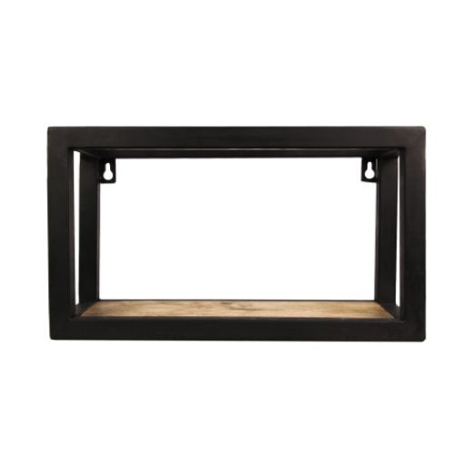 Rechthoekige industriële zwarte wandplank met open frame en houten legplank voor decoratief gebruik.