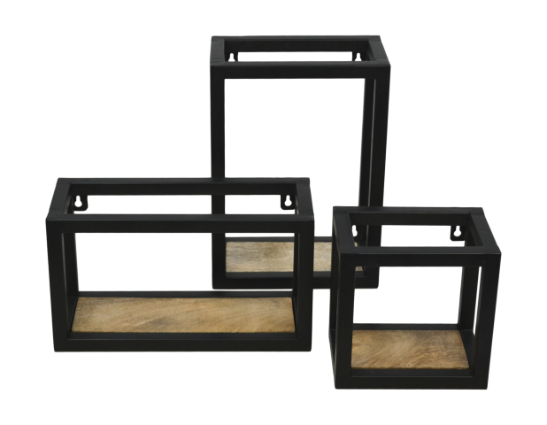 Drie zwarte rechthoekige wandrekken met houten planken, variërend in grootte, minimalistisch ontwerp.
