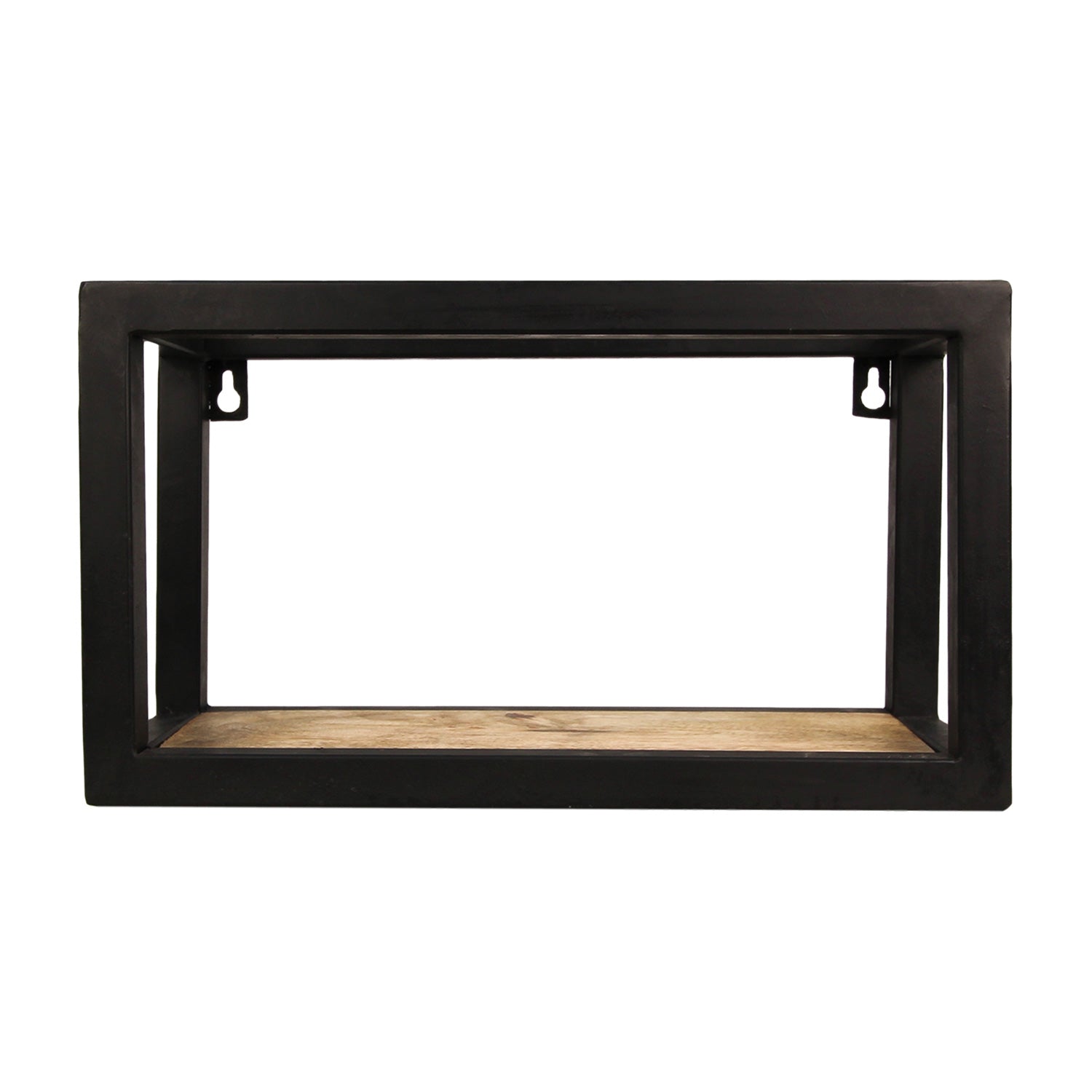 Rechthoekig zwart metalen wandrek met houten plank, geschikt voor moderne inrichting met industriële stijl.