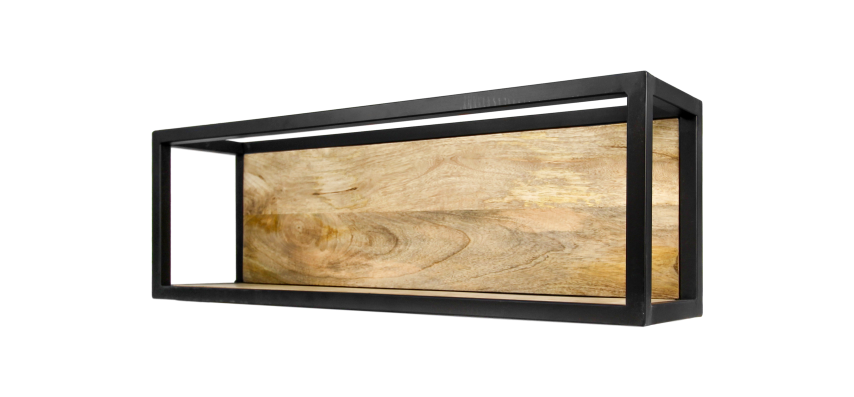 Rechthoekige houten plank met zwarte metalen rand, geschikt voor moderne interieurdecoratie.