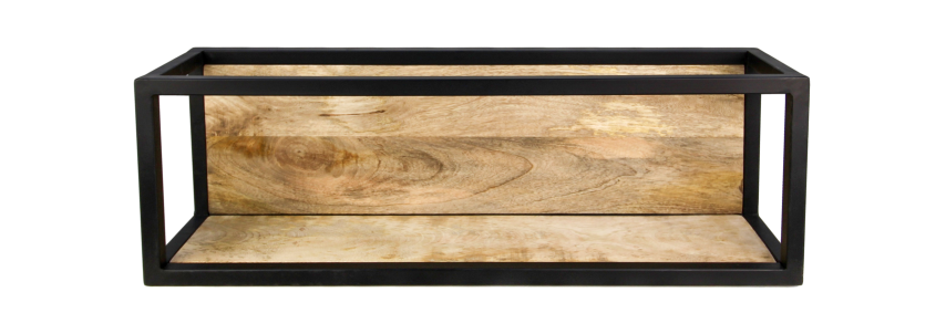Rechthoekige houten plank met een zwart metalen frame, zichtbaar korrelpatroon, industrieel ontwerp.