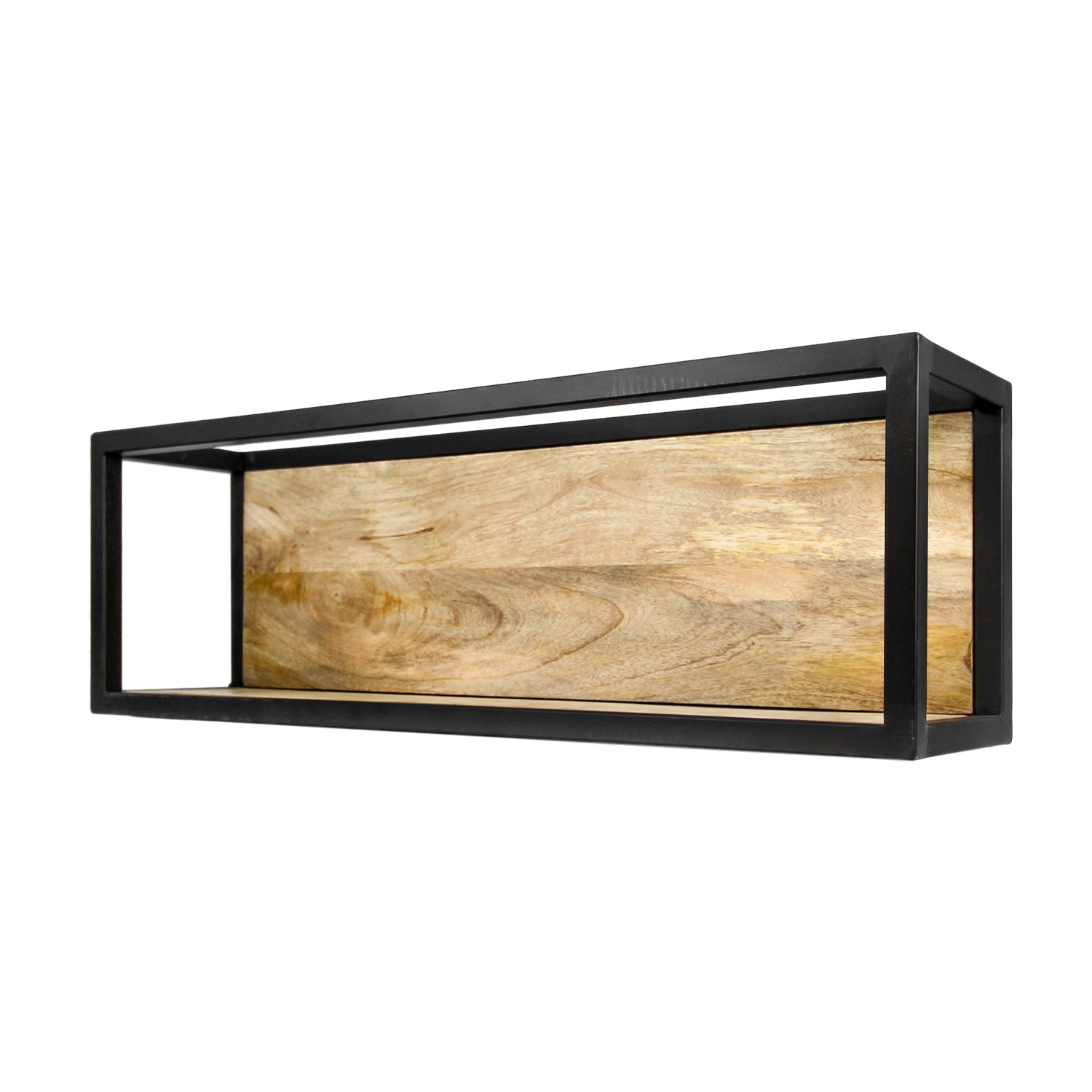 Rechthoekige houten plank met een zwarte metalen omlijsting, industrieel design, minimalistisch en stijlvol.