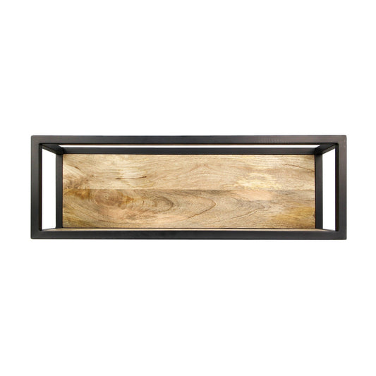 Langwerpig houten dienblad met zwart metalen rand en natuurlijke houtnerven, minimalistisch design.