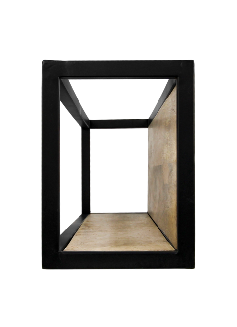 Open metalen kubus met zwart frame en houten binnenkant, minimalistisch en modern design.