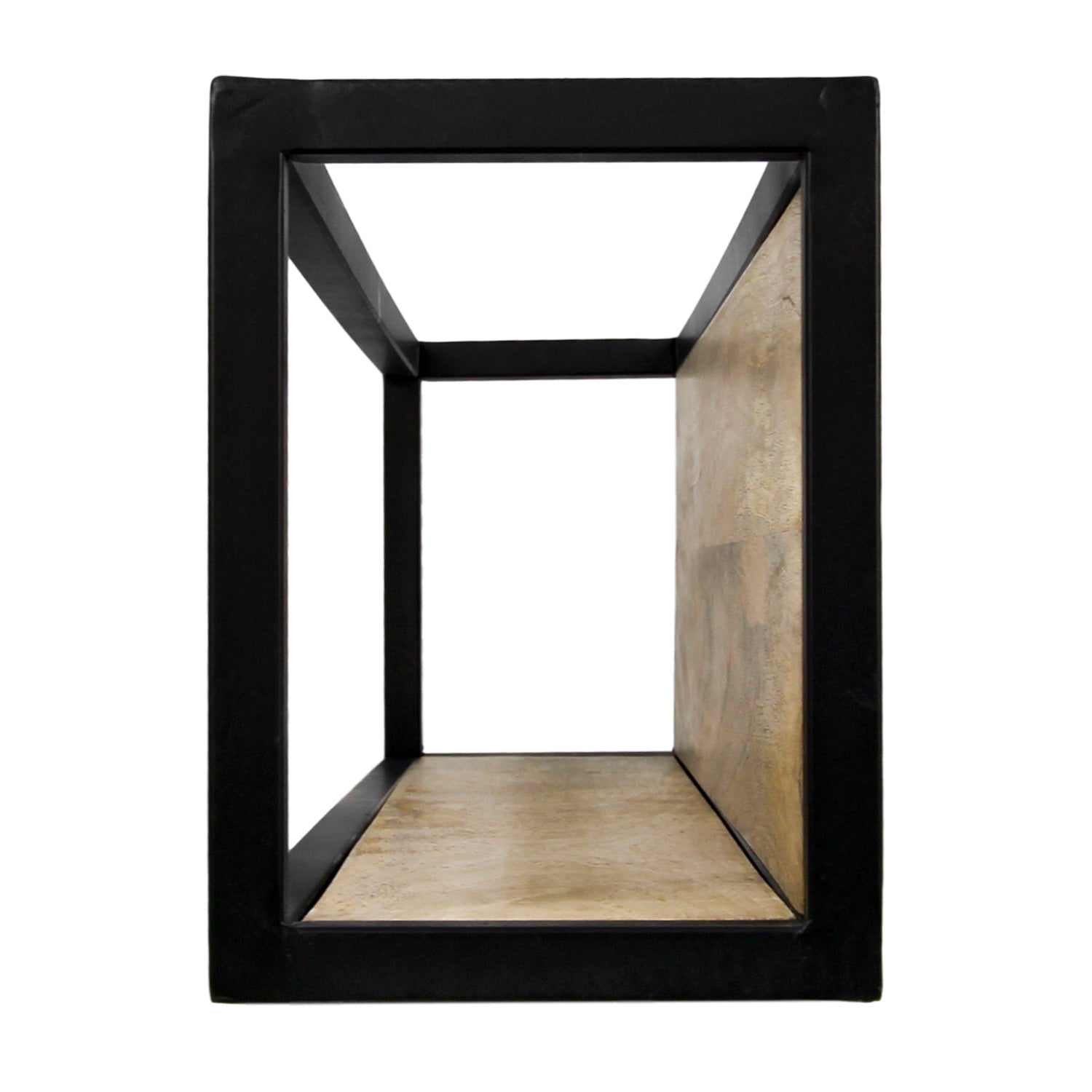 Zwart metalen open rechthoekig frame met een houtkleurige bodem, minimalistisch en industrieel design.