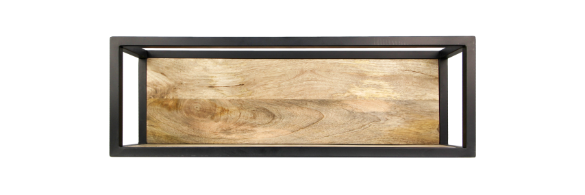 Rechthoekige houten plank met een zwart metalen lijst, zichtbaar van bovenaf.