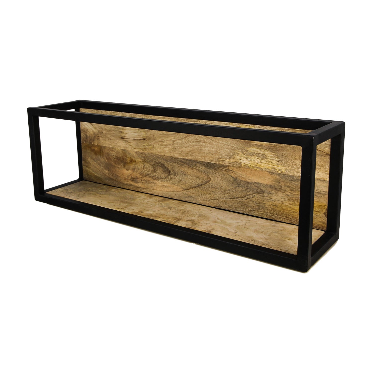 Rechthoekige wandplank met natuurlijke houtnerf en zwarte metalen frame, modern industrieel design.