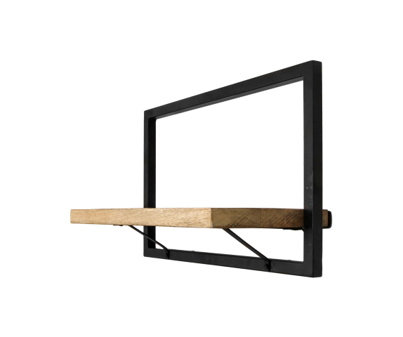 Houten plank op industriële zwarte metalen muurbeugel, minimalistisch ontwerp.