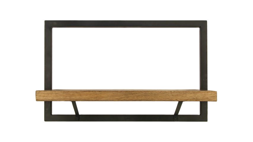 Zwevende plank met donker metalen frame en lichte houten lat, geaccentueerd door strakke lijnen.