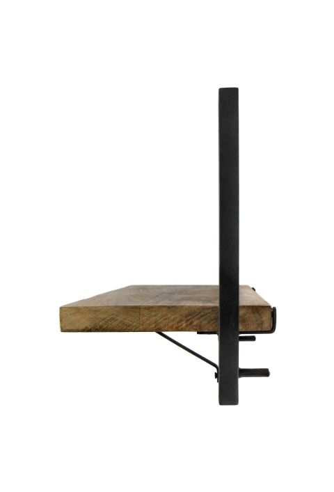 Houten wandplank met metalen ondersteuning, profielaanzicht tegen witte achtergrond.