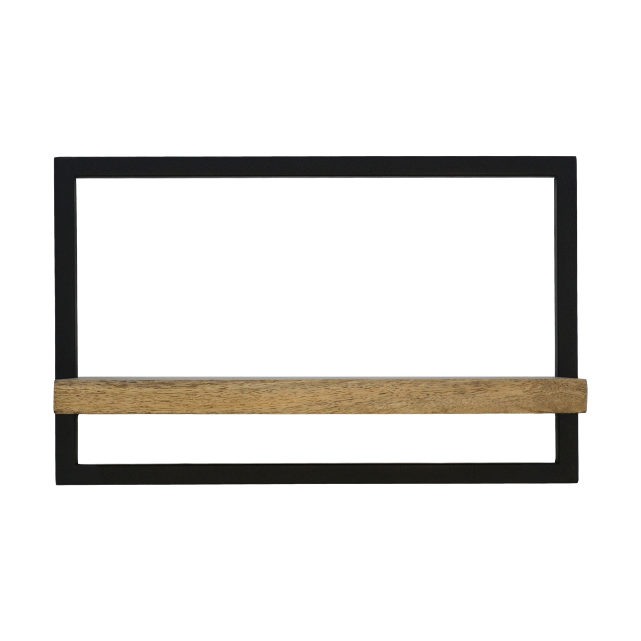 Rechthoekig zwart metalen frame met horizontale houten plank, minimalistisch en modern ontwerp.