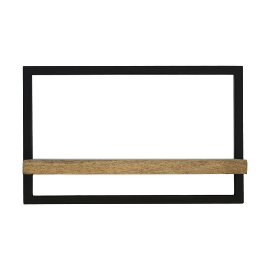 Rechthoekig zwart metalen frame met horizontale houten plank, minimalistisch en modern ontwerp.