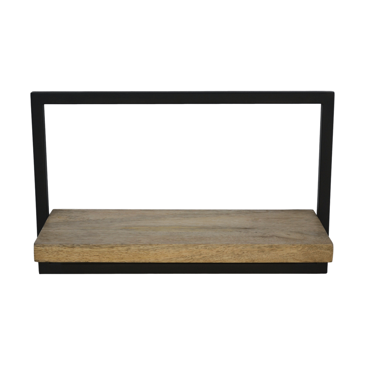 Houten wandplank met zwart metalen frame, strakke moderne stijl, geschikt voor diverse interieurdecoratie.